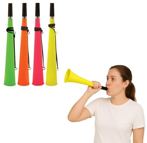 Neon-Tieftöner für Erwachsene, mit Schnur – laute Kunststoff-Stadiontrompete, Geräuschmacher Vuvuzela für Fußball, Sport, Cheer, Partybevorzugungen – verschiedene Farben (sortiert, 4 Stück), nur für