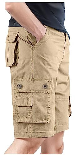 Bermuda Homme Pantacourt Long Short Travail Pantalon Cargo Treillis Militaire avec Élastique À La Taille De Shorts Et Bermudas Baggy Vêtements Grande Camouflage Été Tactique,Kaki,XL