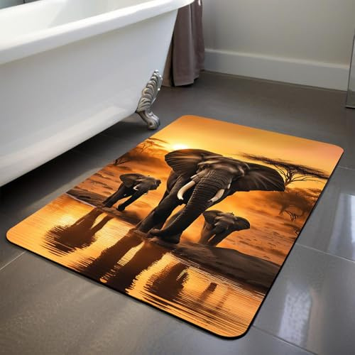 YISUMEI Badezimmermatte, 60 x 40 cm, Elefant - Sonnenuntergang - Afrika - Grasland, Superabsorbierend, Schnelltrocknend, rutschfest, Waschbar