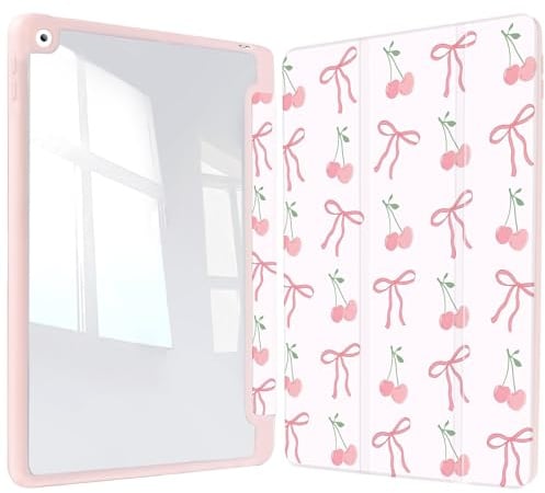 Vozehui 10.2 Zoll Bow Cherry Hülle für iPad 9/8/7 Generation Hülle mit durchsichtiger Rückenschale mit Bleistifthalter, Dreifach Gefaltete Standschutzhülle mit Auto Sleep Wake