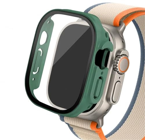 Quirxio Boîtier en verre pour Apple Watch Ultra 2, 49mm, smar twatch PC, protecteur d'écran pare-chocs, couverture trempée, accessoires de bande série iwatch(Amry green 18,Ultra 2 49mm)