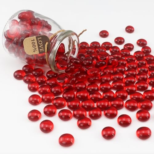 ginojex Perline di vetro da 1 kg, riempitivo per vasi, acquario, ghiaia, decorazione piatta, marmi di vetro, gemme, ciottoli, rocce, decorazione per la casa, colore: rosso