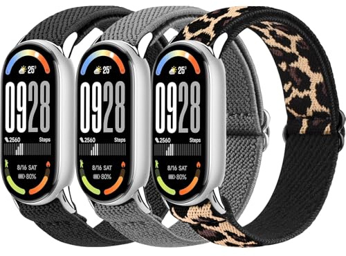Oumida 3 Stück Elastisch Armband für Xiaomi Smart Band 8/9 / 10 Armbänder Damen Herren, Robuster Metallkopf, Verbessertes Nylon Uhrenarmband, Sport Ersatzarmband für Xiaomi Mi Band 10/9/ 8
