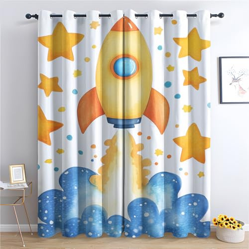Venivici Rakete Vorhänge Wohnzimmer Schlafzimmer - Kinder Jungen Weltraum Sterne Vorhang 220 cm Lang Blickdicht, Gardinen mit ösen, Verdunklungsvorhänge Kinderzimmer, Thermovorhang 2er Set