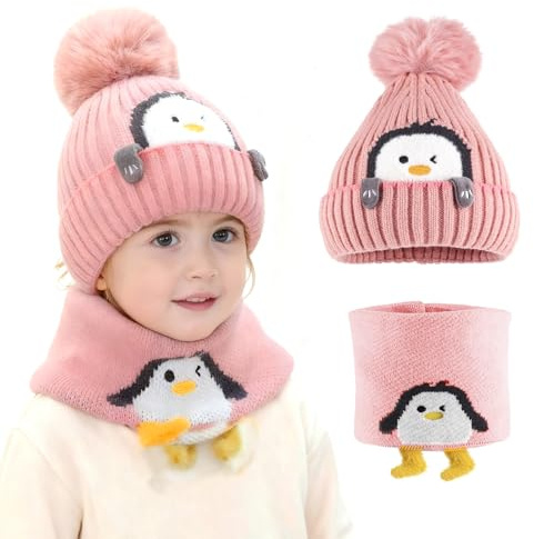 HAINLOGWANG Wintermütze Kinder, Wintermütze Mädchen, Mütze Schal Set Mädchen Mit Bommel, Warm Verdicken Gefüttert, Kinder Mütze Winter Für Mädchens 1-3 Jahre