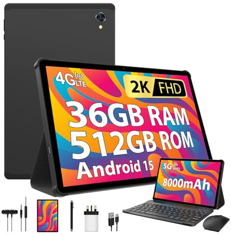 LINROM 2K Android 15 Tablet 10.6 Inch, 4G SIM LTE+5G WiFi, 36GB RAM+512GB ROM (2TB TF), Octa-Core, 2000 * 1200, 8000mAh, 13MP+8MP, Widevine L1, GPS, Bluetooth 5, Tablet with keyboard (Black)
