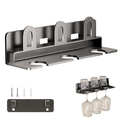 Weinglashalter Hängend Tassenregal Wand, Weinhalter zum Umhängen mit 6-Tassen-Haltern, Weinglas Halterung mit Schrauben Befestigt, Gläserhalter aus Kohlenstoffstahl für Wand und Schränke, Grau