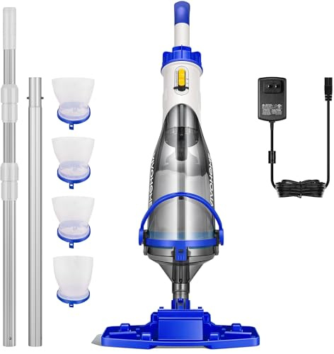 VIVOHOME Aspirateur de piscine sans fil 40 W puissant moteur silencieux, aspiration 18,5 GPM, batterie longue durée de 60 min, perche réglable de 2,5 m pour piscines hors sol et creusées, spas, bleu