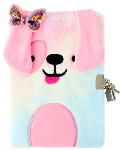 MOTIBACK Colourful Puppy Creative Password Fluffy Notebook,Tie-Dye Diary with Lock and Key for Writing and Drawing, Fuzzy Secret Journal Gift for Kids Girls Christmas Stocking Stuffers（Colorful）