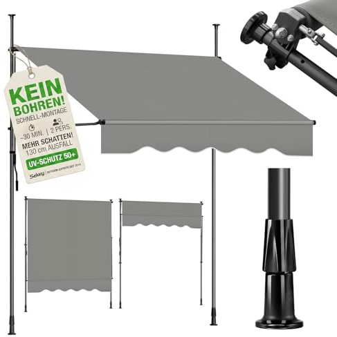 Sekey Klemmmarkise 350 cm breit, Markise Balkon ohne Bohren mit Handkurbel, 130 cm Ausfall, 0-90° neigbar, UV-beständiger Sonnenschutz & wasserdicht (280g/m²), für Balkon, Terrasse & Garten, Grau