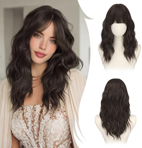 RUWISS Dunkelbraun Lange Gewellte Perücke mit Pony für Damen, 20 Zoll Layered Perücke Damen, Natürlich Synthetisch Hitzebeständig Wigs für Alltag Party Cosplay Halloween