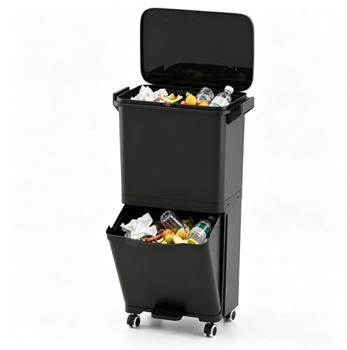 LIFEZEAL Poubelle de Cuisine 36L à 2 Niveaux (Noir, 36L) | Poubelle de Tri Sélectif avec Pédale et Bac Inférieur Inclinable en Plastique pour Cuisine, Salle à Manger, Salon