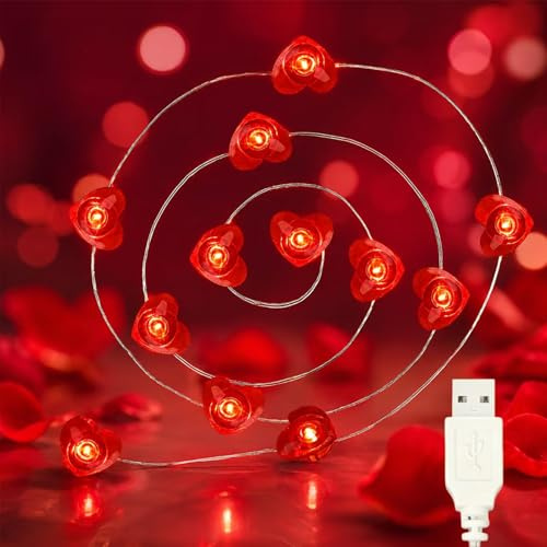 ZingBox USB Lichterkette Herzen, 2M 20 LED Rot Herzförmige Lichterkette, USB-Betrieben, Lichterketten Herzen Rote Innen für Valentinstag Hochzeit Jahrestage Weihnachten Romantisch Party Deko
