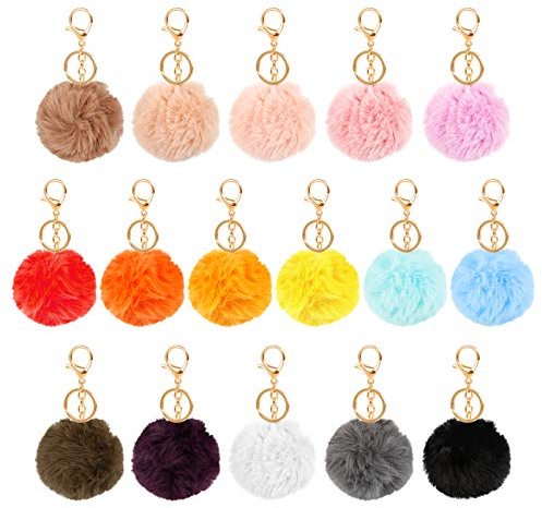 Iyowei 16 Stück Pompom Schlüsselanhänger mit Puschel, Pompon Schlüsselanhänger Bommel Schlüsselanhänger Plüschball Plüsch Ball Anhänger Pompom Keychain Fellbommel Taschenanhänger für Handtasche