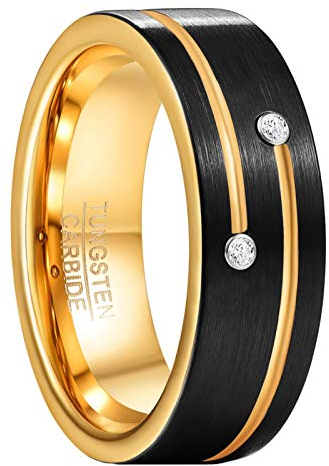 GALANI Herren Damen Partner Ring aus Wolframcarbid 8mm Schwarz Gold Ehering Verlobungsring Vertrauensring mit Goldenen Rillen und Zirkon Inlay Größe 67.2(21.4)