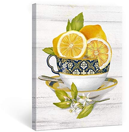 SUMGAR Yellow Canvas Wall Art Lemon Slice Modern Kitchen Pictures Mosaic Cup Rustic Pictures English Style Afternoon Tea Prints Framed Painting, 30x40 cm