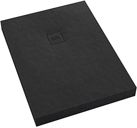 Juego de platos de ducha de acrílico negro con sifón Viega y placa de cobertura, plato de ducha, antideslizante, aspecto de piedra, altura de construcción: 12 cm (80 x 140 x 12 cm)