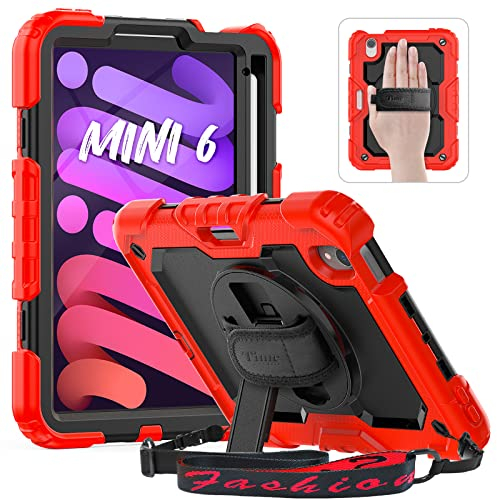 Timecity Hülle für iPad mini 7 (A17 Pro) 2024/Mini 6 2021 8,3 Zoll Stoßfest Robust Schutzhülle mit Displatschutz Stifthalter Handschlaufe Schultergurt 360-Grad-Drehbarer-Ständer- iPad mini 7- Rot