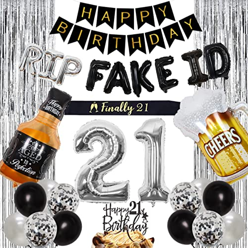 21st Birthday Decorations for Him Black and Silver, Happy Birthday Banner RIP Black Silver Birthday Balloons Finally 21 Sash Fringe Curtain Cake Topper Whiskey Bottle Cup Silver 21 Balloon for Him Her