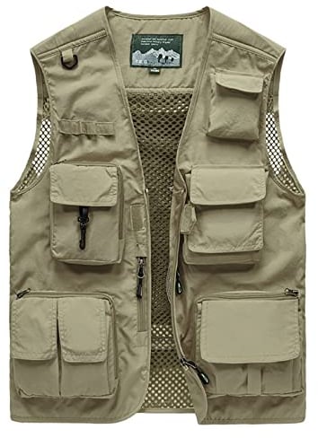 Sukany Men's Leisure Outdoor Work Safari Fishing Travel Cargo Vest Jacket Photo Mesh Waistcoat Multi Pockets Khaki 2XL