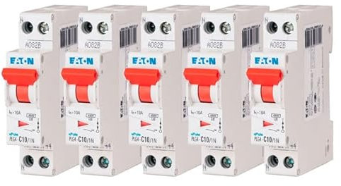 EATON 264744 PLG4-C10/1N - DISJONCTEUR MODULAIRE PH/N - Blanc - MANETTE ROUGE - 1P+N / 10 A - COURBE C - Raccordement à vis - 5 disjoncteurs
