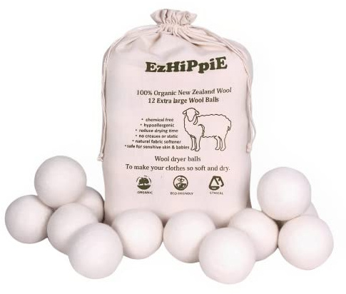 Ezhippie Quality Wool Dryer Balls - 12 XL Pack - 1000+ Loads - Pure Organic Wool - Reusable Natural Fabric Softener Perfect with Essential Oils, Reduce Clothing Static and Wrinkles