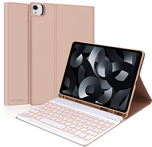 JADEMALL Coque Clavier pour iPad Air 5 2022/iPad Air 4 2020 10.9, iPad Pro 11 2022/2021/2020/2018, AZERTY Clavier Rétro-éclairé Bluetooth Détachable Magnétique, Rose