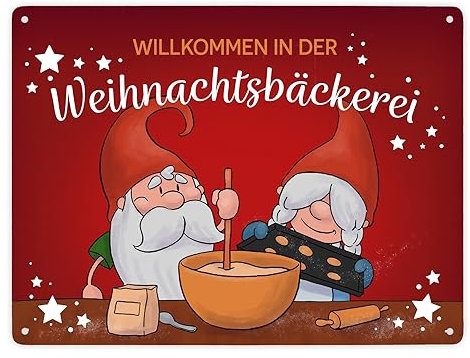 Willkommen in der Weihnachtsbäckerei Metallschild XXL in 28x38 cm mit fleißigen Weihnachtswichteln als schöne Dekoration für Back Feen und Weihnachtsbäcker zur Winterzeit