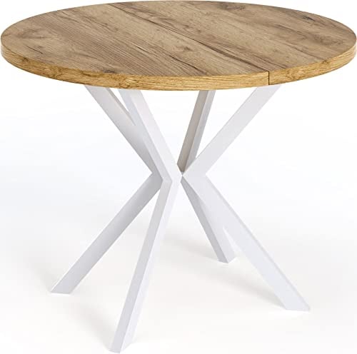 WFL GROUP Runder Ausziehbarer Esstisch für 8-12 Personen - Loft Style Tisch mit Weißen Metallbeinen - 120 bis 200 cm - Industrieller Tisch für Wohnzimmer - Craft Eiche - 120 cm