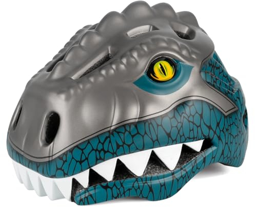Kinder Fahrradhelm mit LED Licht | Niedliche 3D Dinosaurier Sicherheit Helm für Mädchen, Jungen 3-8 Jahre | Verstellbarer Atmungsaktive Kinderhelm für Fahrrad, Skateboard, Scooter, Skaten (Blau)