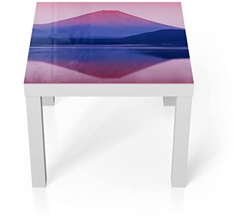 DEQORI Glastisch | weiß klein 55x55 cm | Motiv See Motosu und Mt. Fuji | ausgefallener Beistelltisch aus Glas | Hochglanz Couchtisch fürs Wohnzimmer | moderner Couch Tisch mit Design