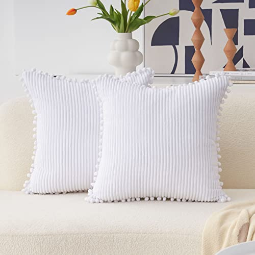 Home Brilliant Hellweiß Kissenbezug 60x60 für Sofa Große Kissenbezüge für Bett Pom Pom Kissen mit Unsichtbarem Reißverschluss 24 Zoll 2er Set Reinweiß