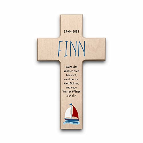 CHRISCK design Hochwertiges Holz Taufkreuz personalisiert - Kinder Kreuz mit buntem UV Druck - persönliches Tauf Geschenk Holzkreuz - personalisierte Geschenke zur Kommunion, Konfirmation