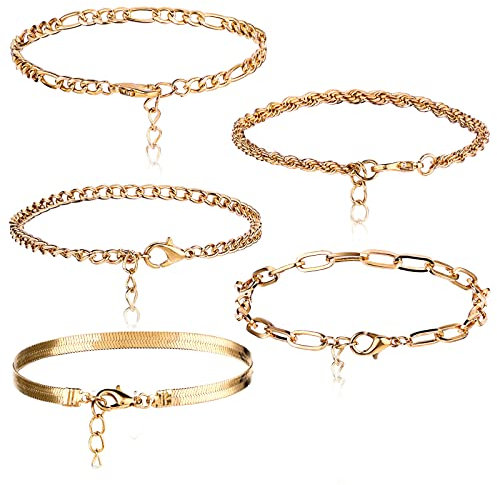 Ouligay 5 Stück Armband Damen Gold Edelstahl Gold Armbänder Set, Verstellbare Armkette Gold Bracelet Set, Twist Schlange Kubanische Büroklammer Armbänder Schmuck für Damen Mädchen