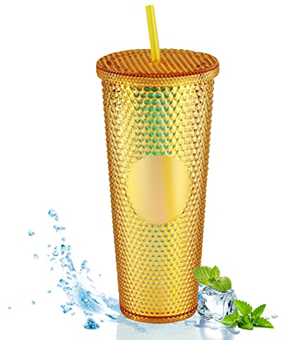 WMLBK Nieten Becher mit Deckel und Strohhalm,710ml Strohbecher Doppelwandige Kaltbecher Wiederverwendbar Plastik Trinkbecher für Saft Kaffee Home Office Wiederverwendbar(Golden)