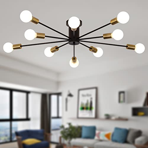 JIINOO Moderne Sputnik Deckenleuchte, 10 Lichter Sputnik Sputnik Industrieller Kronleuchter Halbeinbaumontage Deckenleuchte für Wohnzimmer Küche Schlafzimmer Bauernhaus Esszimmer (Schwarz + Gold)