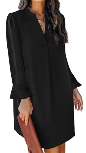 JOCAFIYE Frauen Frühling Herbst V-Ausschnitt Rüschen Puff Ärmel Einfarbig Einfaches Casual Kleid Schwarz XL