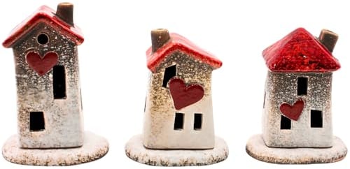 Dekohelden24 Keramik Räucherhaus mit rotem Herz und Dach als 3er Set, Größe je Haus L/B/H ca. 10 x 4,3 x 11 cm.