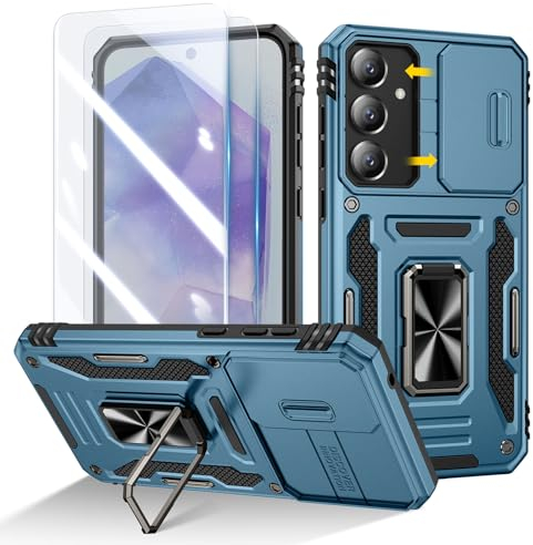 Doeshine for Samsung Galaxy A55 Case, 2 Pack Screen Protector, with 360° Rotate Ring Kickstand & Slide Camera Cover, Shockproof Military Drop Protection Cases for Samsung Galaxy A55 (Blue)