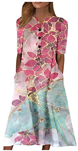 Satin Kleid Lang, Kleider Damen Sommer Midikleid Damen Blumen Bedruckt Maxikleid Mit Taschen Tunika Kleid Kurzarm Abiballkleid Sommerkleid Mit Schlitz Kleid Xxl Damen Sommerkleid (Hot Pink,S)