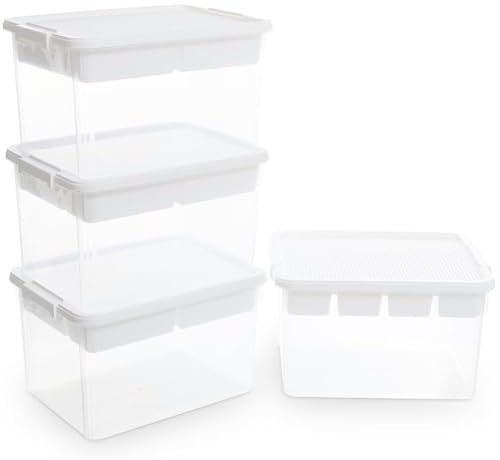 Citylife 4Pack Aufbewahrungsboxen mit Deckel, 30L aus Kunststoff mit Gebäude Grundplatte Deckel und abnehmbarem Tablett, Bastelaufbewahrungsbox für die Organisation von Werkzeug, Handwerk
