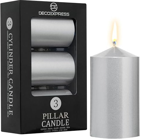 DECO EXPRESS Metallic Stumpenkerzen Set, 3er-Pack, Kerzen Lange Brenndauer, 30 Stunden, Geruchslos (Silber - 3er-Pack)
