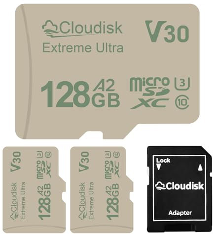 Cloudisk Lot de 3 cartes Micro SD U3 V30 Extreme Ultra C10 A2 MicroSDXC UHS-I pour appareil photo, DVR, tablette PC et téléphone portable 128 Go