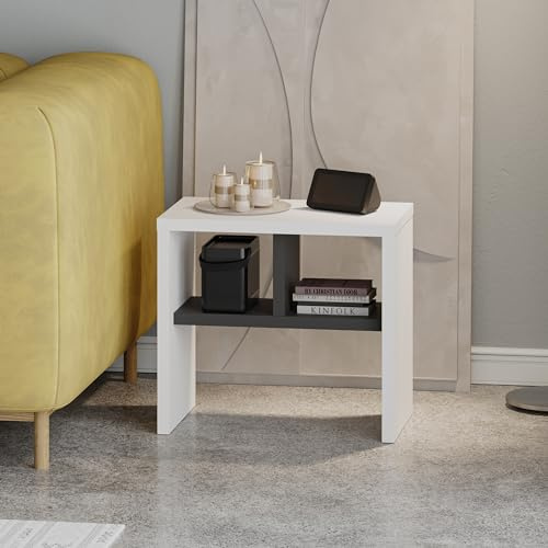 HOCUS PICUS Versatile Side-End Table with Open Storage Shelf Organizer 50(W) x29.5(D) x45(H) cm Engineered Wood C-Table for Living Room Bedroom (White, Anthracite)