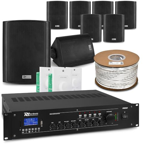 4-Zone Multi Zone PA System with 8 Weatherproof Wall Speakers, Bluetooth MP3 Player, Commercial Background Music Audio Setup, Volume Control for Indoor Outdoor Installations