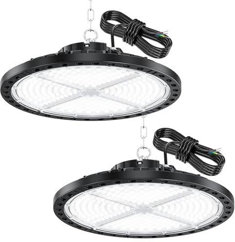 YIQIBRO LED Hallenstrahler Garagenbeleuchtung 200W 2 Stücke - 20000LM LED UFO Hallenbeleuchtung mit 11.8in Metallkette, Treiber, 6500K IP65 Werkstatt Deckenleuchte für Lagerhalle Fabriken