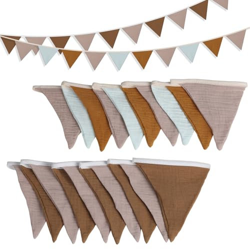 SWAWIS 2 Stück Wimpelkette Kinderzimmer, 2.6m Wimpelkette Outdoor Wimpelgirlande Stoff Baumwolle Wimpel Girlande, Bunte Dreieckige Flagge für Kinderzimmer Babyzimmer Party Geburtstag Deko(Kaffee+Grau)