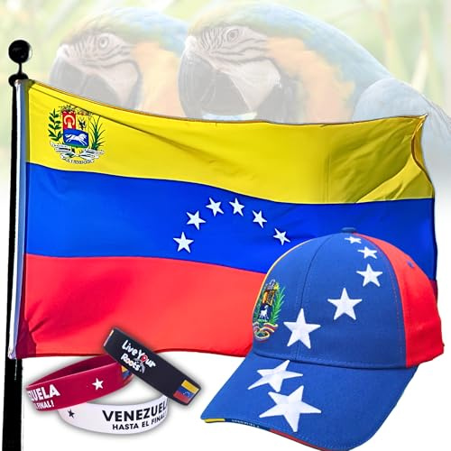 LISTOS A CELEBRAR! Fahne Venezuela 7 Sterne Set – 3-Teiliges Set mit Bandera de Venezuela 7 estrellas, Venezuela Cap Tricolor, 1 Armband mit motto HASTA EL FINAL, Plus Baumwollbeutel