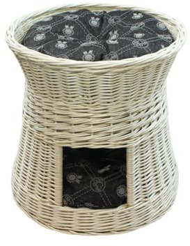 Panier pour chat pour dormir - Niche d'intérieur pour chat - Taille : 50 cm rond - Niche pour chat en osier - Chat à deux étages ou lit pour chien en blanc - Coussin gris foncé