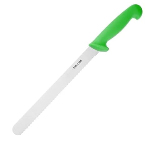 Hygiplas Serrated Slicer Green 24.8cm - Strong and Durable Stainless Steel Blade Kitchen Knife for Raw Meat FX121
